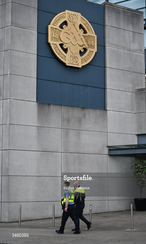 17 May 2026; Gardai pass the Croke Park entrance as they arrive to take up their posts in advance of the Leinster GAA Football Senior Championship final match between Dublin and Westmeath at Croke Park in Dublin. Photo by Ray McManus/Sportsfile