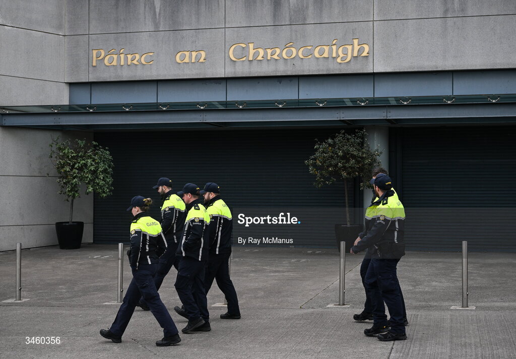 17 May 2026; Gardai pass the Croke Park entrance as they arrive to take up their posts in advance of the Leinster GAA Football Senior Championship final match between Dublin and Westmeath at Croke Park in Dublin. Photo by Ray McManus/Sportsfile