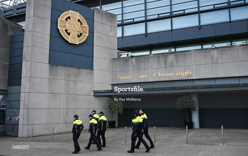 17 May 2026; Gardai pass the Croke Park entrance as they arrive to take up their posts in advance of the Leinster GAA Football Senior Championship final match between Dublin and Westmeath at Croke Park in Dublin. Photo by Ray McManus/Sportsfile