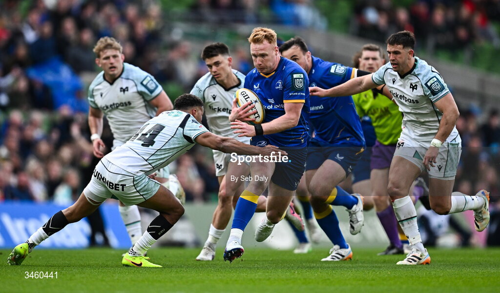 16 May 2026; Ciarán Frawley of Leinster is tackled by Keelan Giles of Ospreys during the United Rugby Championship match between Leinster and Ospreys at the Aviva Stadium in Dublin. Photo by Seb Daly/Sportsfile