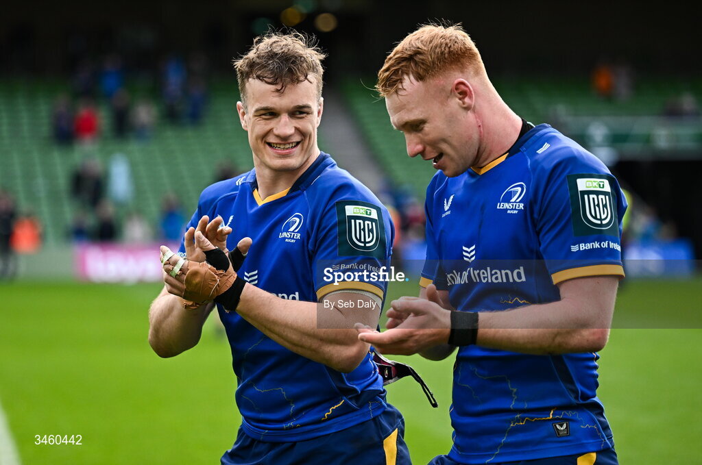 16 May 2026; Leinster players Josh van der Flier, left, and Ciarán Frawley after the United Rugby Championship match between Leinster and Ospreys at the Aviva Stadium in Dublin. Photo by Seb Daly/Sportsfile