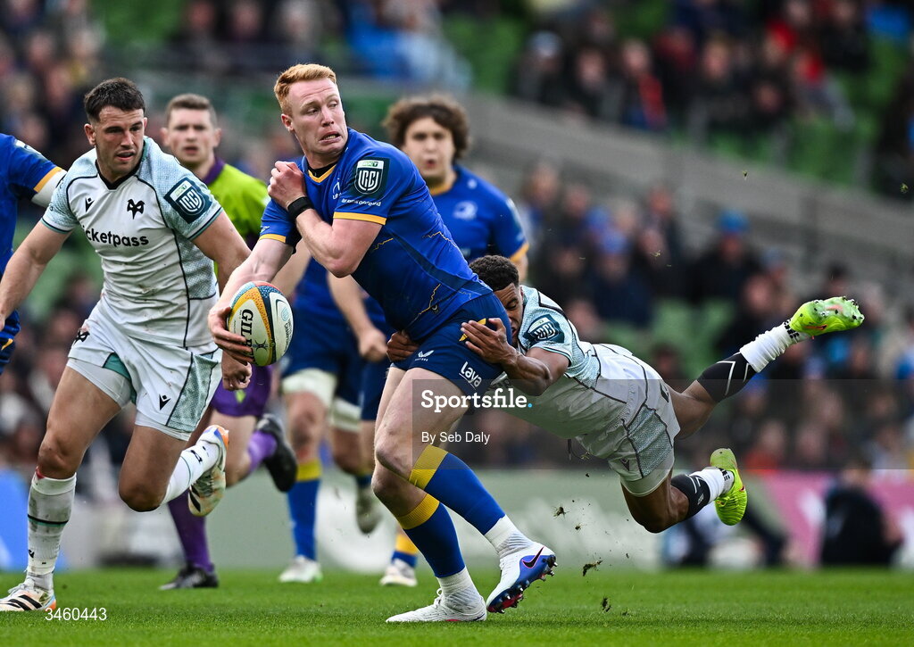 16 May 2026; Ciarán Frawley of Leinster is tackled by Keelan Giles of Ospreys during the United Rugby Championship match between Leinster and Ospreys at the Aviva Stadium in Dublin. Photo by Seb Daly/Sportsfile