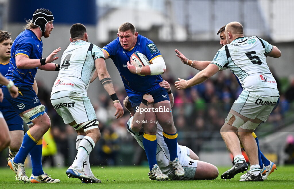 16 May 2026; Tadhg Furlong of Leinster is tackled by Ross Moriarty of Ospreys during the United Rugby Championship match between Leinster and Ospreys at the Aviva Stadium in Dublin. Photo by Seb Daly/Sportsfile