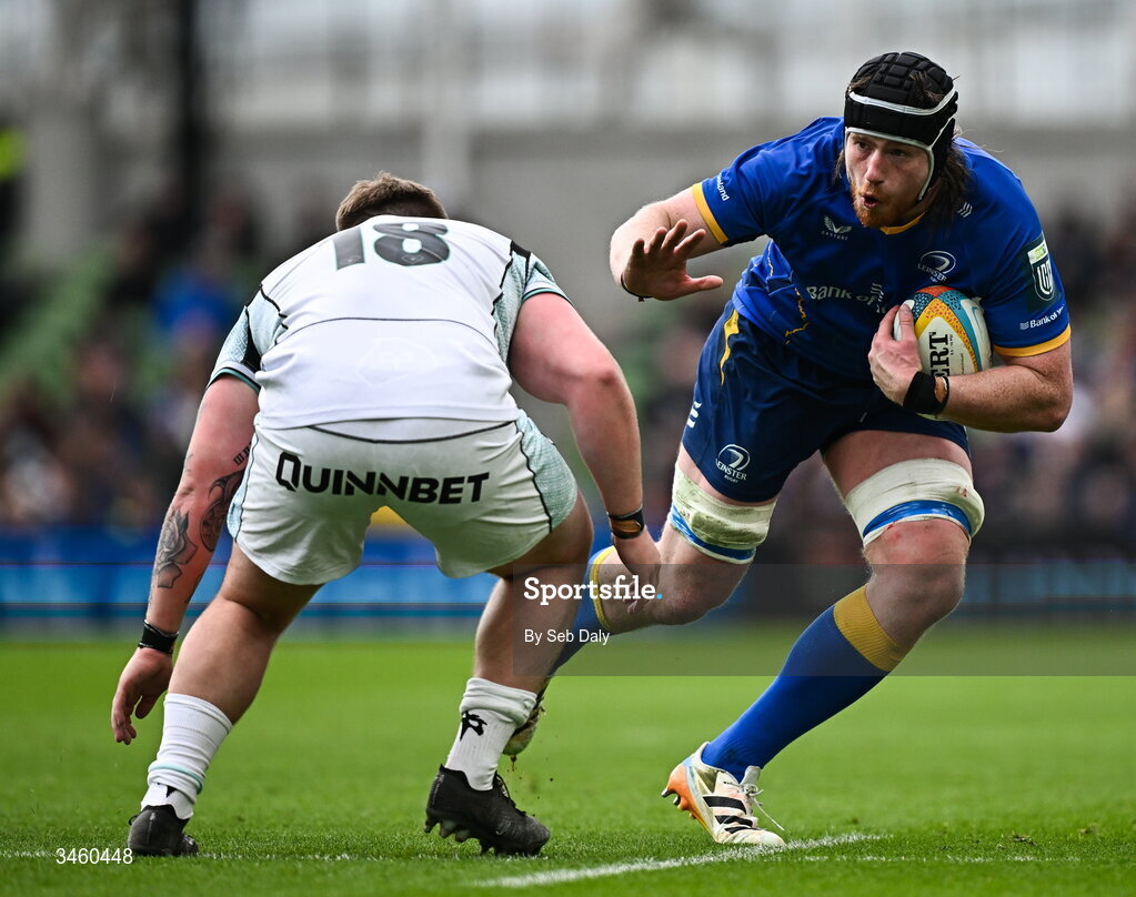 16 May 2026; Joe McCarthy of Leinster in action against Kian Hire of Ospreys during the United Rugby Championship match between Leinster and Ospreys at the Aviva Stadium in Dublin. Photo by Seb Daly/Sportsfile
