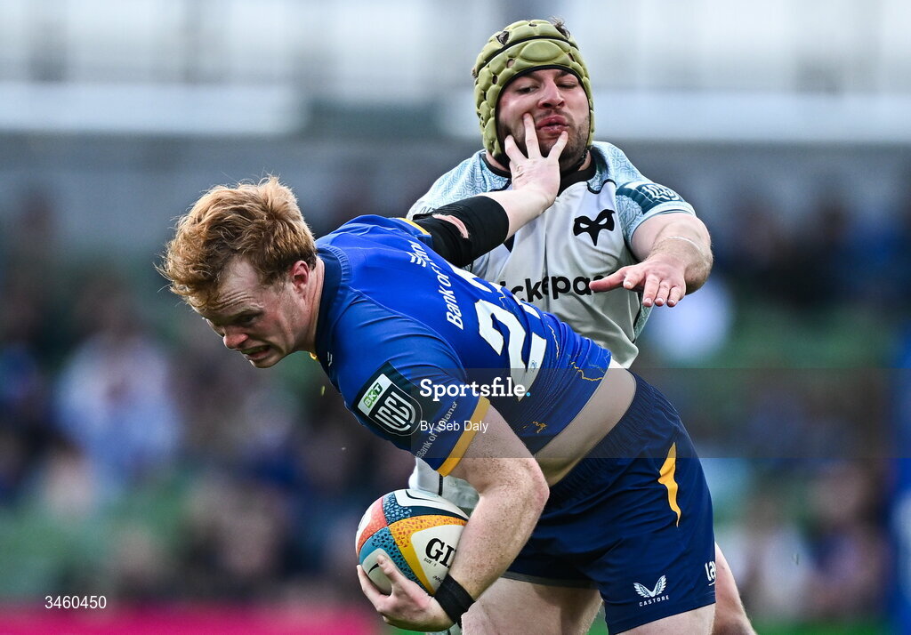 16 May 2026; Hugh Cooney of Leinster is tackled by Harri Deaves of Ospreys during the United Rugby Championship match between Leinster and Ospreys at the Aviva Stadium in Dublin. Photo by Seb Daly/Sportsfile