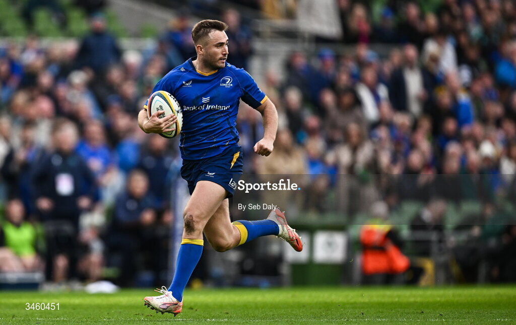 16 May 2026; Jordan Larmour of Leinster during the United Rugby Championship match between Leinster and Ospreys at the Aviva Stadium in Dublin. Photo by Seb Daly/Sportsfile