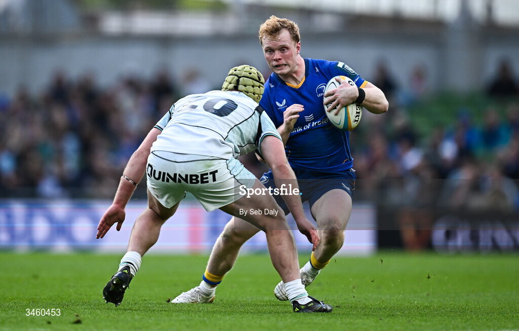 16 May 2026; Hugh Cooney of Leinster is tackled by Harri Deaves of Ospreys during the United Rugby Championship match between Leinster and Ospreys at the Aviva Stadium in Dublin. Photo by Seb Daly/Sportsfile
