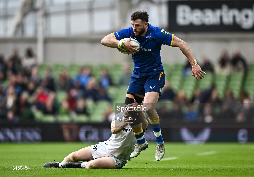 16 May 2026; Robbie Henshaw of Leinster is tackled by Iestyn Hopkins of Ospreys during the United Rugby Championship match between Leinster and Ospreys at the Aviva Stadium in Dublin. Photo by Seb Daly/Sportsfile