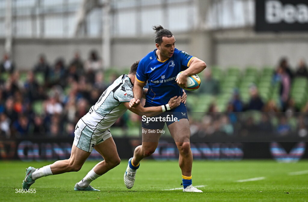 16 May 2026; James Lowe of Leinster is tackled by Luke Morgan of Ospreys during the United Rugby Championship match between Leinster and Ospreys at the Aviva Stadium in Dublin. Photo by Seb Daly/Sportsfile