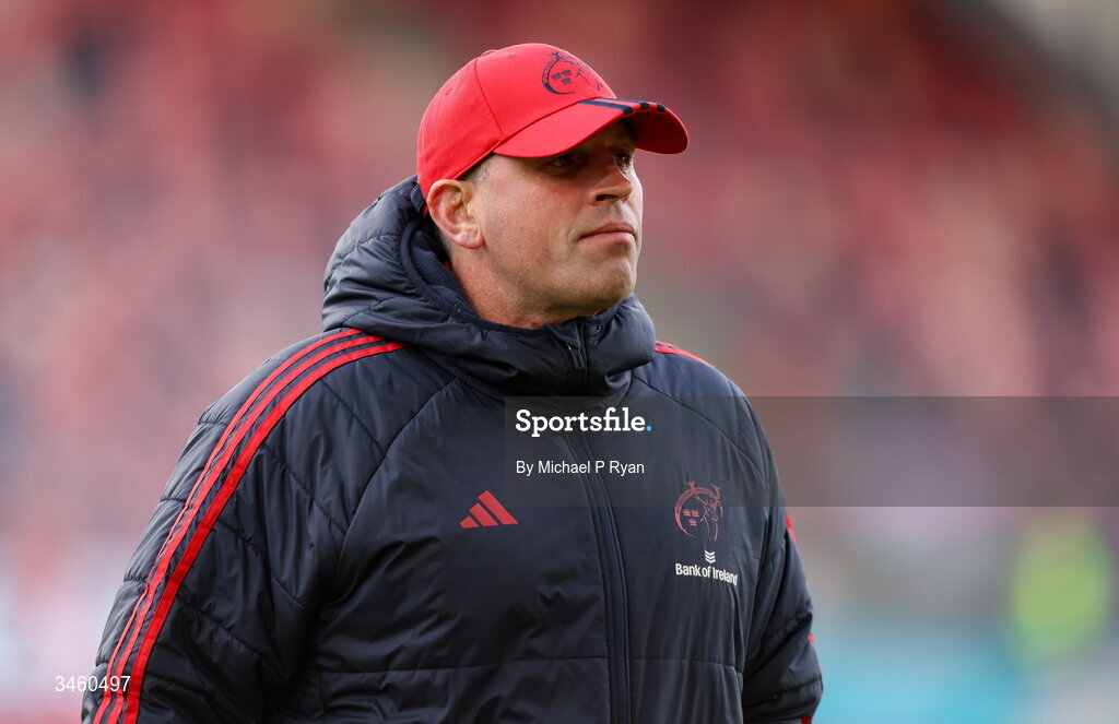 16 May 2026; Munster defence coach Denis Leamy before the United Rugby Championship match between Munster and Lions at Thomond Park in Limerick. Photo by Michael P Ryan/Sportsfile