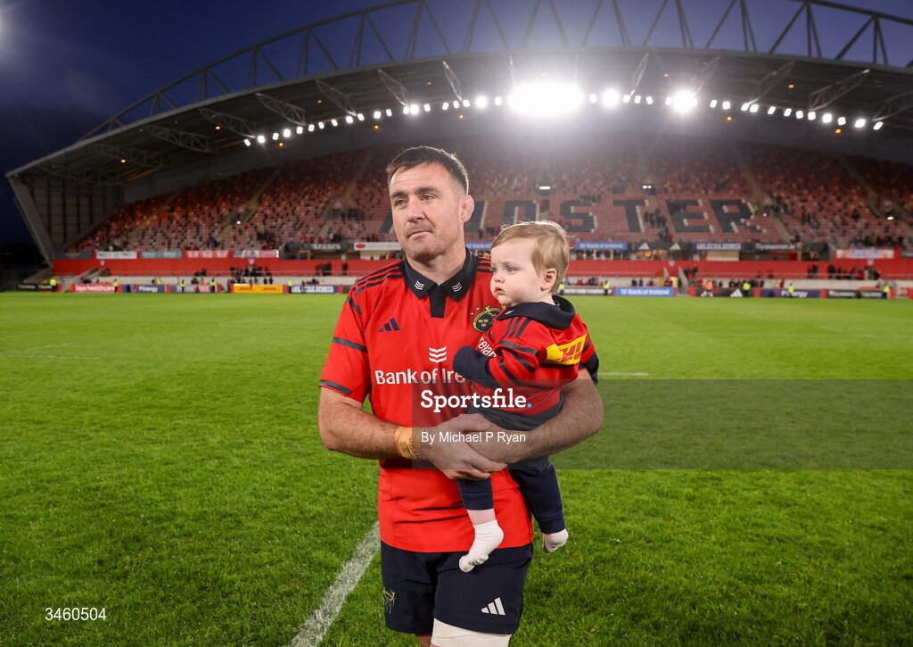 16 May 2026; Niall Scannell of Munster with his son Daniel after the United Rugby Championship match between Munster and Lions at Thomond Park in Limerick. Photo by Michael P Ryan/Sportsfile
