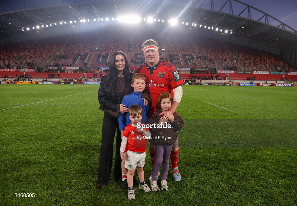16 May 2026; John Ryan of Munster with family after the United Rugby Championship match between Munster and Lions at Thomond Park in Limerick. Photo by Michael P Ryan/Sportsfile