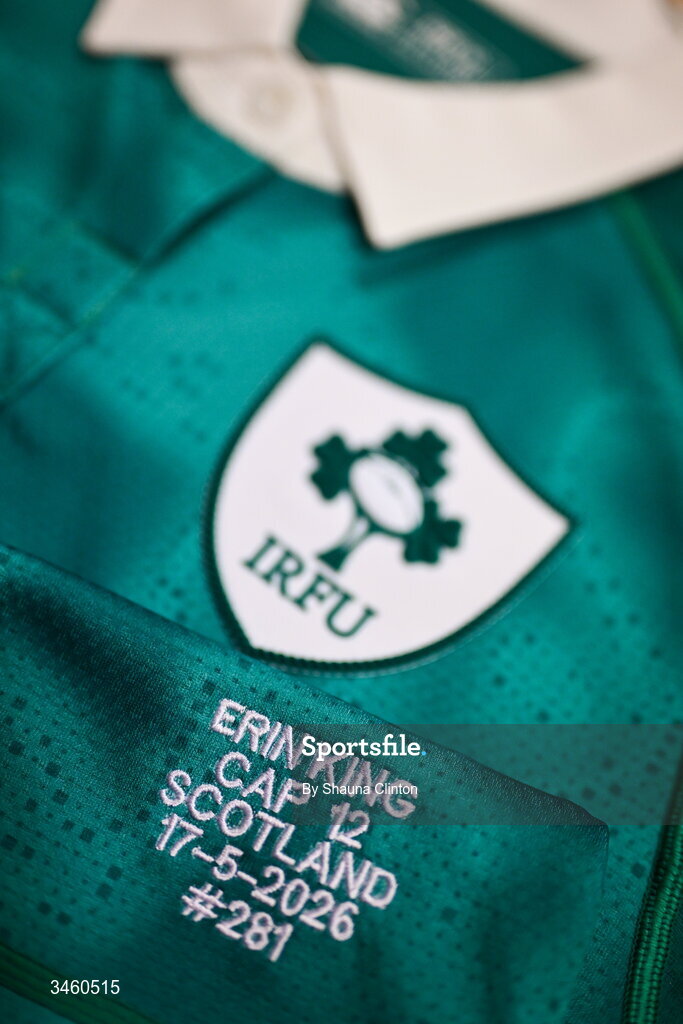 17 May 2026; The jersey of Ireland captain Erin King is seen in the dressing room ahead of the Women's 6 Nations Rugby Championship match between Ireland and Scotland at the Aviva Stadium in Dublin. Photo by Shauna Clinton/Sportsfile