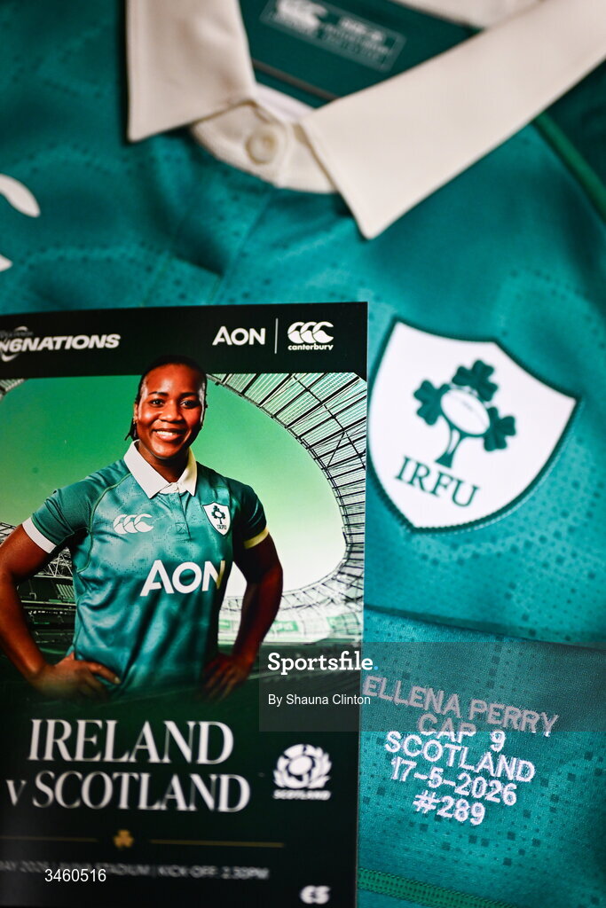 17 May 2026; The jersey of Ellena Perry of Ireland is seen in the dressing room ahead of the Women's 6 Nations Rugby Championship match between Ireland and Scotland at the Aviva Stadium in Dublin. Photo by Shauna Clinton/Sportsfile