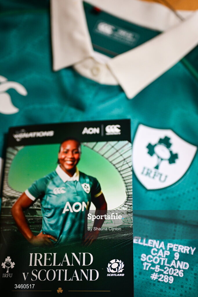 17 May 2026; The jersey of Ellena Perry of Ireland is seen in the dressing room ahead of the Women's 6 Nations Rugby Championship match between Ireland and Scotland at the Aviva Stadium in Dublin. Photo by Shauna Clinton/Sportsfile