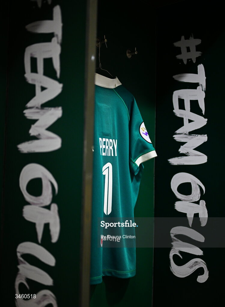 17 May 2026; The jersey of Ellena Perry of Ireland is seen hanging in the dressing room ahead of the Women's 6 Nations Rugby Championship match between Ireland and Scotland at the Aviva Stadium in Dublin. Photo by Shauna Clinton/Sportsfile