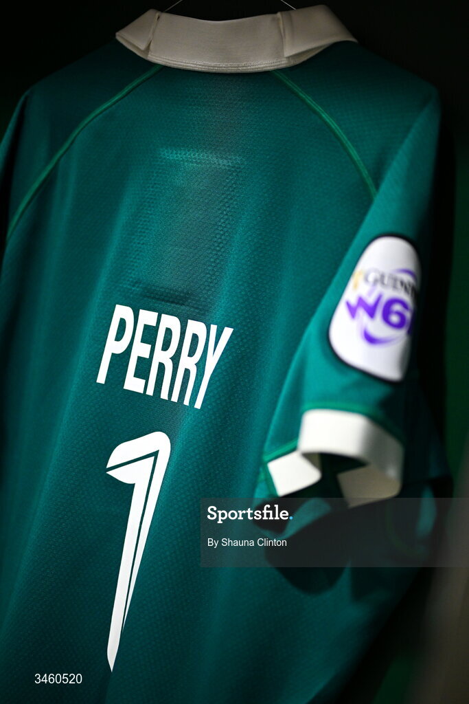 17 May 2026; The jersey of Ellena Perry of Ireland is seen hanging in the dressing room ahead of the Women's 6 Nations Rugby Championship match between Ireland and Scotland at the Aviva Stadium in Dublin. Photo by Shauna Clinton/Sportsfile