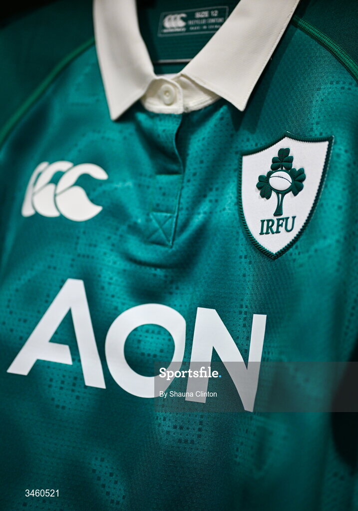 17 May 2026; The jersey of Ellena Perry of Ireland is seen hanging in the dressing room ahead of the Women's 6 Nations Rugby Championship match between Ireland and Scotland at the Aviva Stadium in Dublin. Photo by Shauna Clinton/Sportsfile