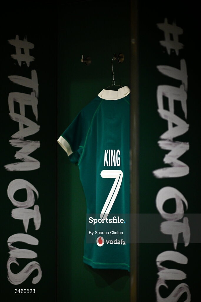 17 May 2026; The jersey of Erin King of Ireland is seen hanging in the dressing room ahead of the Women's 6 Nations Rugby Championship match between Ireland and Scotland at the Aviva Stadium in Dublin. Photo by Shauna Clinton/Sportsfile