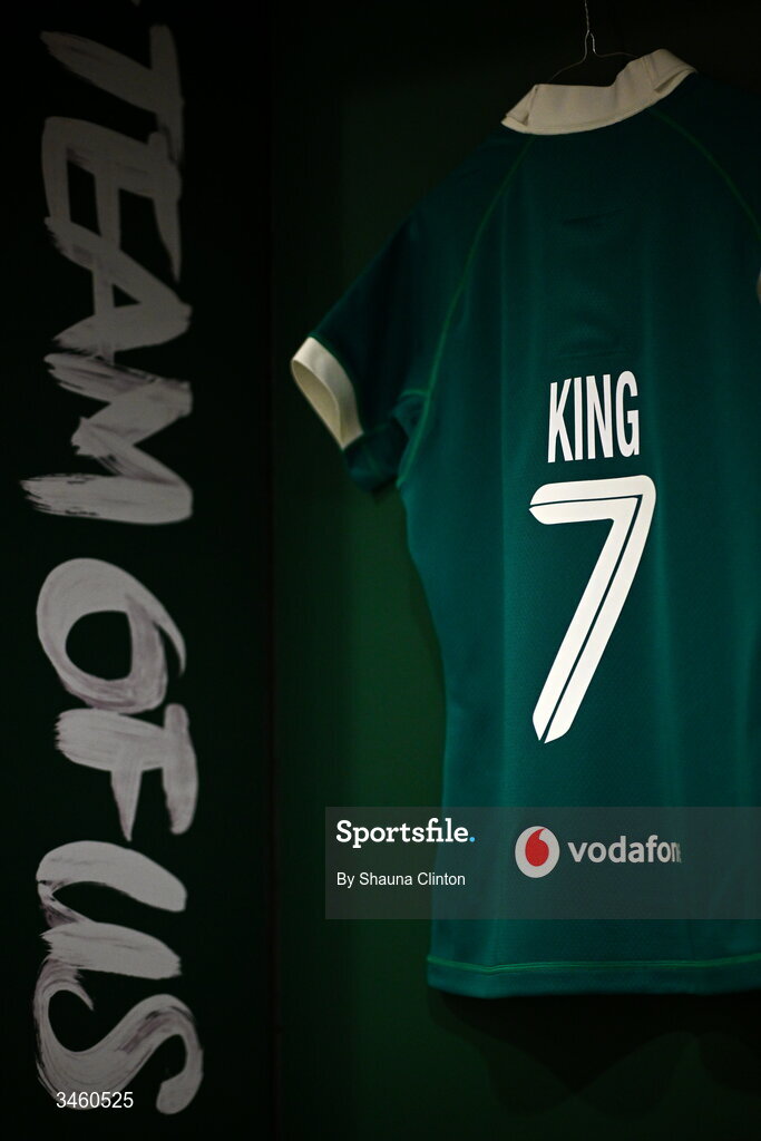 17 May 2026; The jersey of Erin King of Ireland is seen hanging in the dressing room ahead of the Women's 6 Nations Rugby Championship match between Ireland and Scotland at the Aviva Stadium in Dublin. Photo by Shauna Clinton/Sportsfile