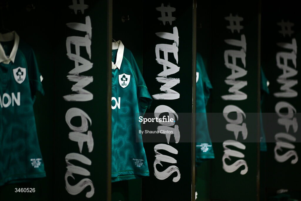 17 May 2026; The jersey of Ellena Perry of Ireland is seen hanging in the dressing room ahead of the Women's 6 Nations Rugby Championship match between Ireland and Scotland at the Aviva Stadium in Dublin. Photo by Shauna Clinton/Sportsfile