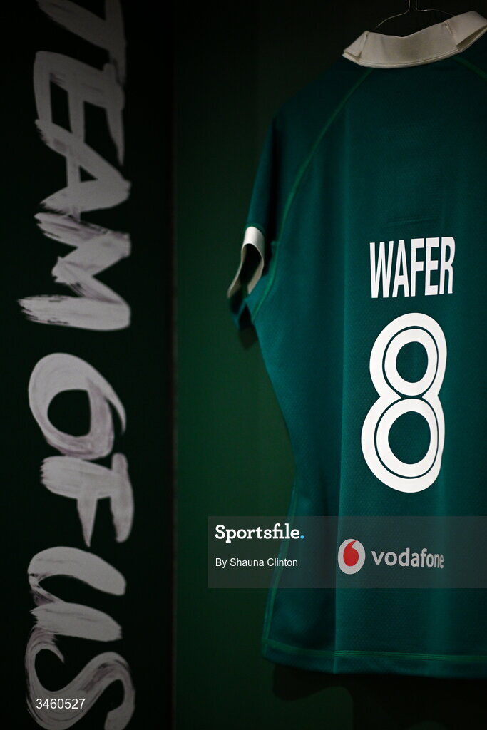 17 May 2026; The jersey of Aoife Wafer of Ireland is seen hanging in the dressing room ahead of the Women's 6 Nations Rugby Championship match between Ireland and Scotland at the Aviva Stadium in Dublin. Photo by Shauna Clinton/Sportsfile