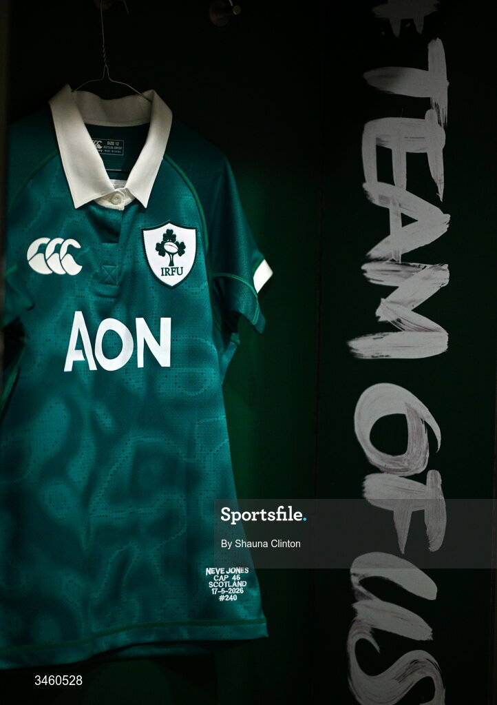 17 May 2026; The jersey of Neve Jones of Ireland is seen hanging in the dressing room ahead of the Women's 6 Nations Rugby Championship match between Ireland and Scotland at the Aviva Stadium in Dublin. Photo by Shauna Clinton/Sportsfile