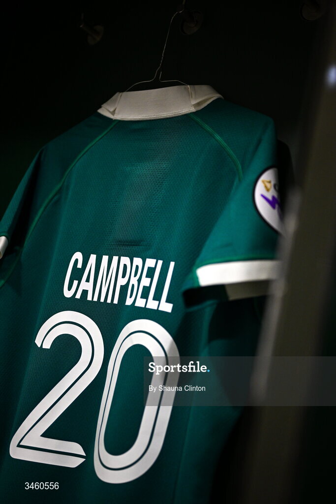 17 May 2026; The jersey of Ruth Campbell of Ireland is seen hanging in the dressing room ahead of the Women's 6 Nations Rugby Championship match between Ireland and Scotland at the Aviva Stadium in Dublin. Photo by Shauna Clinton/Sportsfile