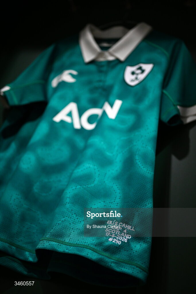 17 May 2026; The jersey of Eilís Cahill of Ireland is seen hanging in the dressing room ahead of the Women's 6 Nations Rugby Championship match between Ireland and Scotland at the Aviva Stadium in Dublin. Photo by Shauna Clinton/Sportsfile