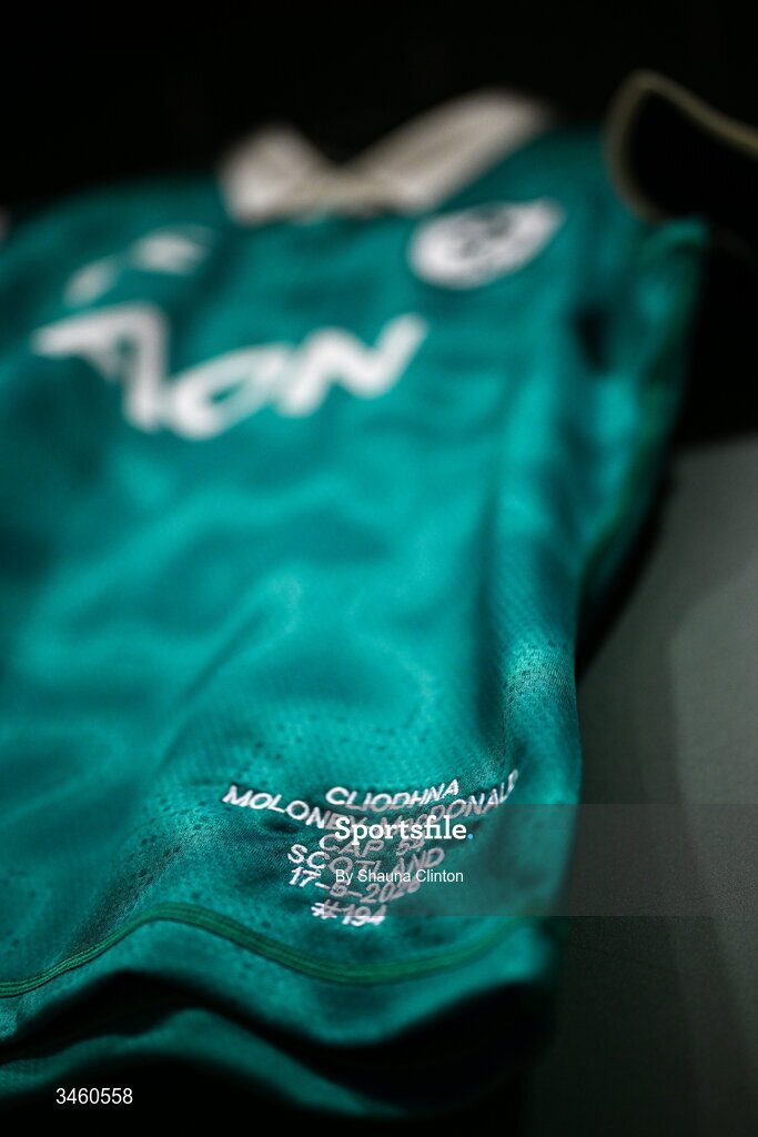 17 May 2026; The jersey of Cliodhna Moloney MacDonald of Ireland is seen hanging in the dressing room ahead of the Women's 6 Nations Rugby Championship match between Ireland and Scotland at the Aviva Stadium in Dublin. Photo by Shauna Clinton/Sportsfile
