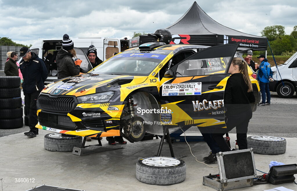 17 May 2026; Declan Boyle and Patrick Walsh with their Skoda Fabia RS Rally2 in service during the Carlow Stages Rally, Round 4 of the Triton Showers National Rally Championship, in Carlow. Photo by Philip Fitzpatrick/Sportsfile
