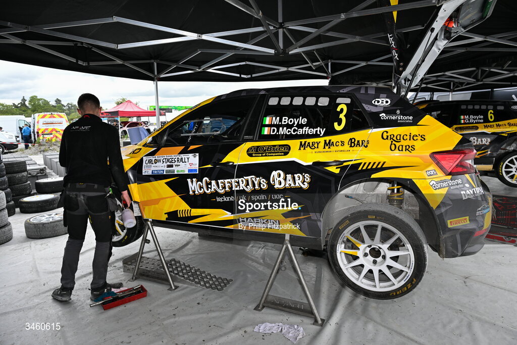 17 May 2026; Michael Boyle and Dermot McCafferty with their Skoda Fabia RS Rally2 in service during the Carlow Stages Rally, Round 4 of the Triton Showers National Rally Championship, in Carlow. Photo by Philip Fitzpatrick/Sportsfile