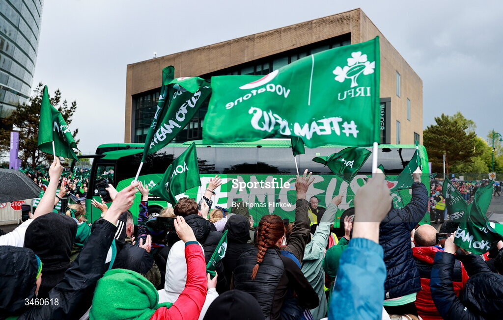 17 May 2026; The Ireland team bus arrives before the Women's 6 Nations Rugby Championship match between Ireland and Scotland at the Aviva Stadium in Dublin. Photo by Thomas Flinkow/Sportsfile
