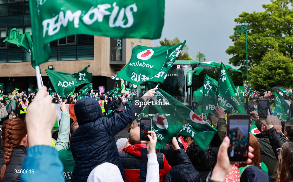 17 May 2026; The Ireland team bus arrives before the Women's 6 Nations Rugby Championship match between Ireland and Scotland at the Aviva Stadium in Dublin. Photo by Thomas Flinkow/Sportsfile