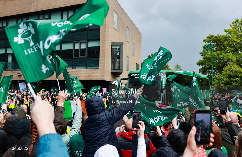 17 May 2026; The Ireland team bus arrives before the Women's 6 Nations Rugby Championship match between Ireland and Scotland at the Aviva Stadium in Dublin. Photo by Thomas Flinkow/Sportsfile
