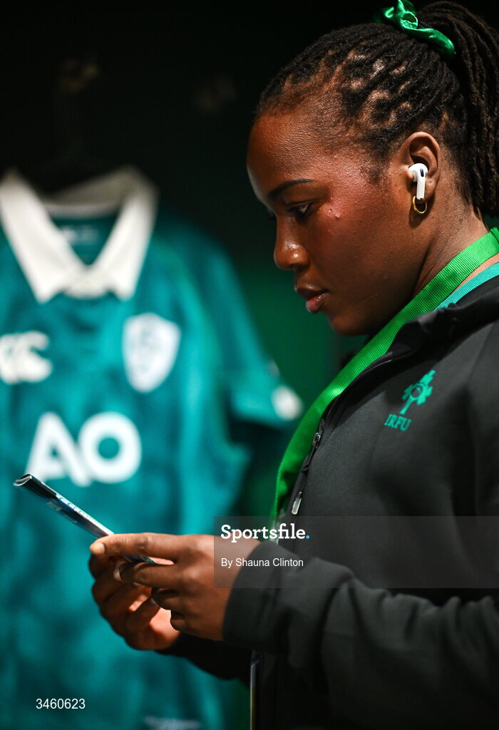 17 May 2026; Linda Djougang of Ireland before the Women's 6 Nations Rugby Championship match between Ireland and Scotland at the Aviva Stadium in Dublin. Photo by Shauna Clinton/Sportsfile
