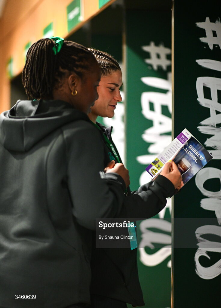 17 May 2026; Ireland players Linda Djougang, left, Vicky Elmes Kinlan before the Women's 6 Nations Rugby Championship match between Ireland and Scotland at the Aviva Stadium in Dublin. Photo by Shauna Clinton/Sportsfile