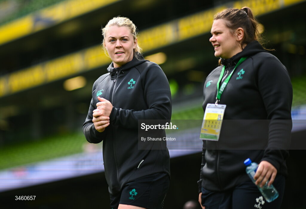 17 May 2026; Ireland players Sam Monaghan, left, and Ellena Perry before the Women's 6 Nations Rugby Championship match between Ireland and Scotland at the Aviva Stadium in Dublin. Photo by Shauna Clinton/Sportsfile