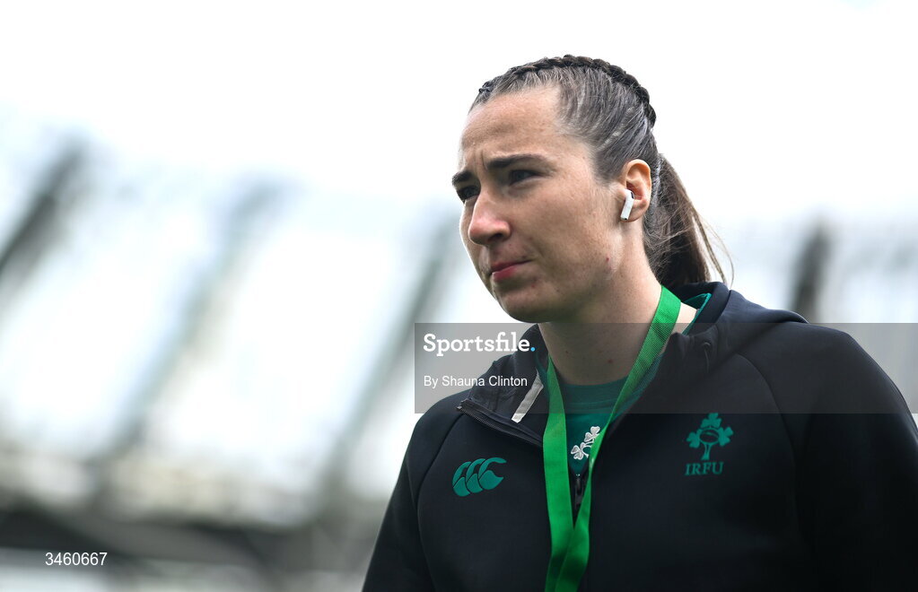 17 May 2026; Eve Higgins of Ireland before the Women's 6 Nations Rugby Championship match between Ireland and Scotland at the Aviva Stadium in Dublin. Photo by Shauna Clinton/Sportsfile