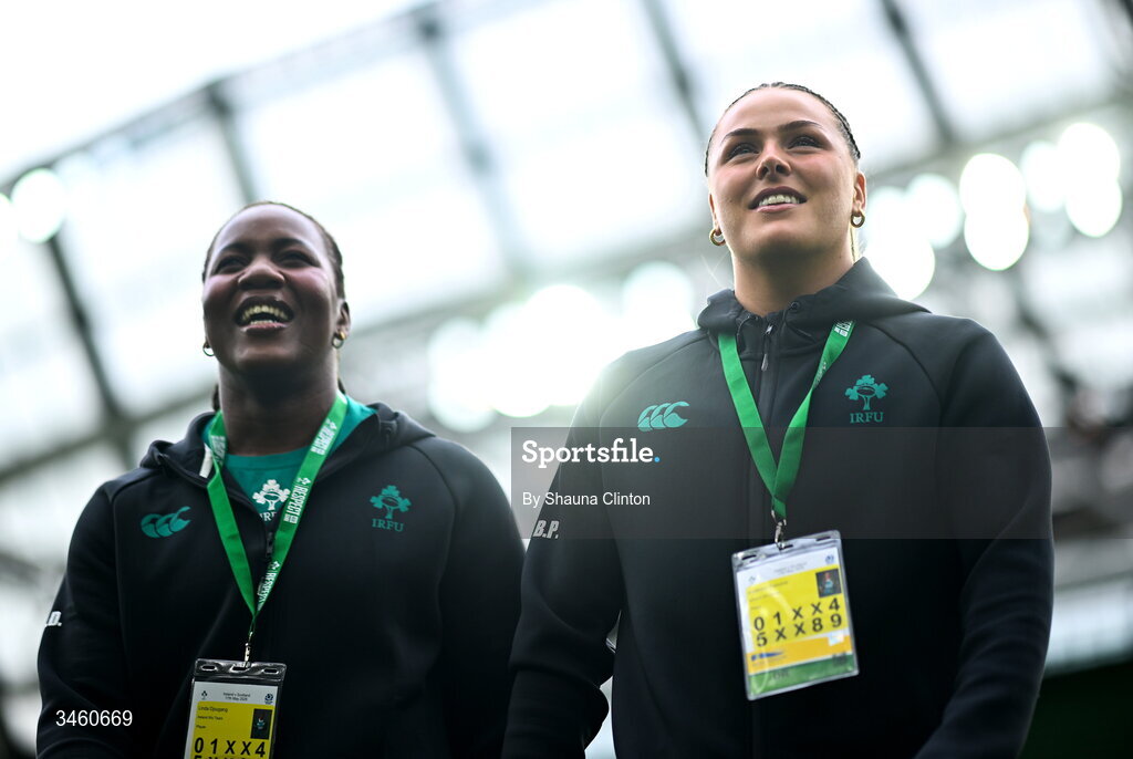 17 May 2026; Ireland players Béibhinn Parsons, right, and Linda Djougang before the Women's 6 Nations Rugby Championship match between Ireland and Scotland at the Aviva Stadium in Dublin. Photo by Shauna Clinton/Sportsfile