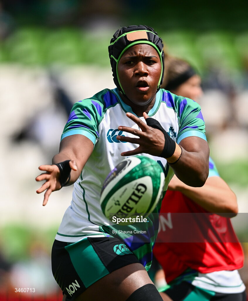 17 May 2026; Linda Djougang of Ireland before the Women's 6 Nations Rugby Championship match between Ireland and Scotland at the Aviva Stadium in Dublin. Photo by Shauna Clinton/Sportsfile