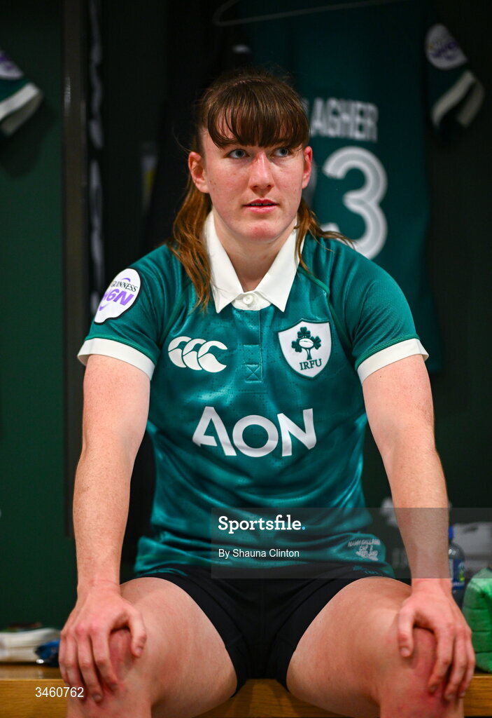 17 May 2026; Niamh Gallagher of Ireland in their dressing room before the Women's 6 Nations Rugby Championship match between Ireland and Scotland at the Aviva Stadium in Dublin. Photo by Shauna Clinton/Sportsfile