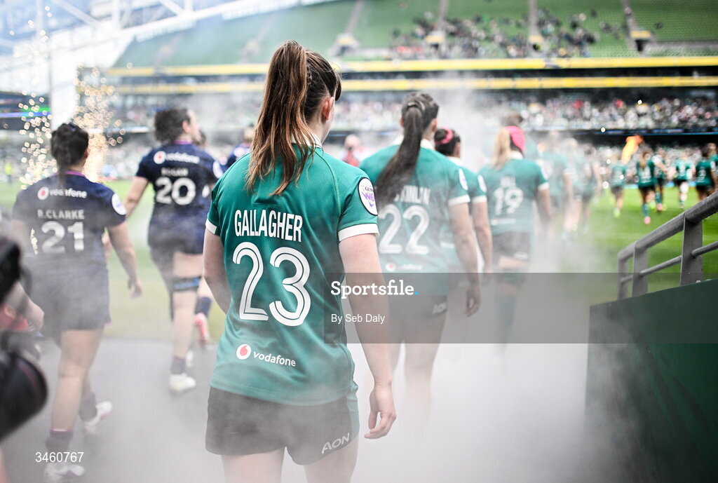 17 May 2026; Niamh Gallagher of Ireland and team-mates walk out for the Women's 6 Nations Rugby Championship match between Ireland and Scotland at the Aviva Stadium in Dublin. Photo by Seb Daly/Sportsfile
