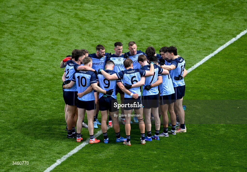 17 May 2026; The Dublin huddle ahead of the Leinster GAA Football Senior Championship final match between Dublin and Westmeath at Croke Park in Dublin. Photo by Daire Brennan/Sportsfile