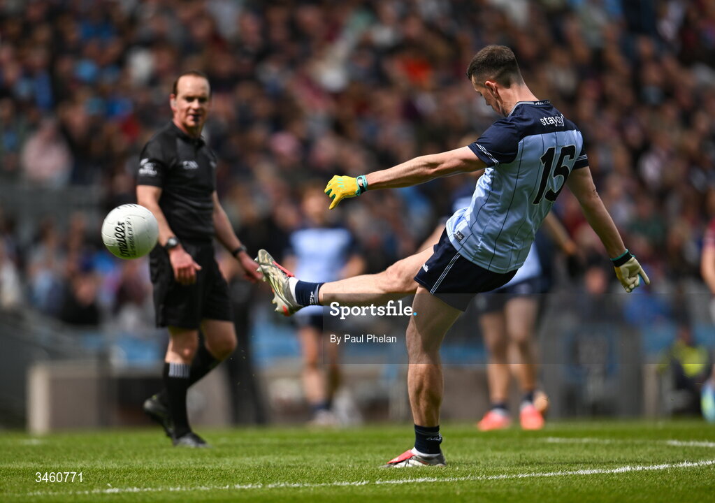 17 May 2026; Cormac Costello of Dublin scores a free during the Leinster GAA Football Senior Championship final match between Dublin and Westmeath at Croke Park in Dublin. Photo by Paul Phelan/Sportsfile