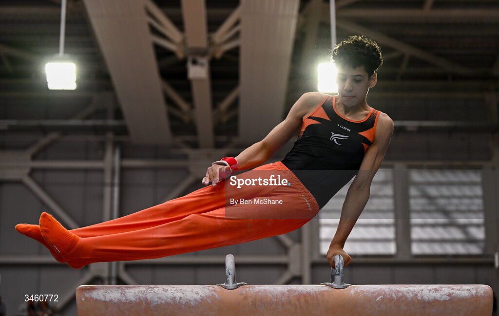17 May 2026; Jonah King of Phoenix GC competes in the Pommel Horse event during the Gymnastics Ireland National Series Sport Ireland National Indoor Arena on the Sport Ireland Campus in Dublin. Photo by Ben McShane/Sportsfile