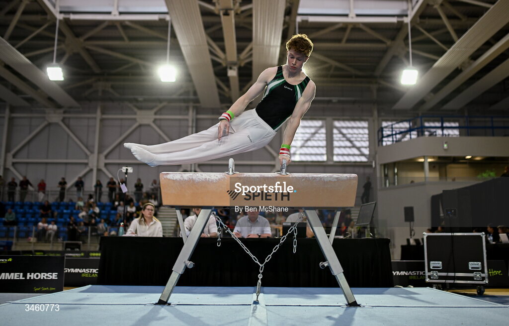 17 May 2026; Fionn McCarthy of Douglas GC competes in the Pommel Horse during the Gymnastics Ireland National Series Sport Ireland National Indoor Arena on the Sport Ireland Campus in Dublin. Photo by Ben McShane/Sportsfile