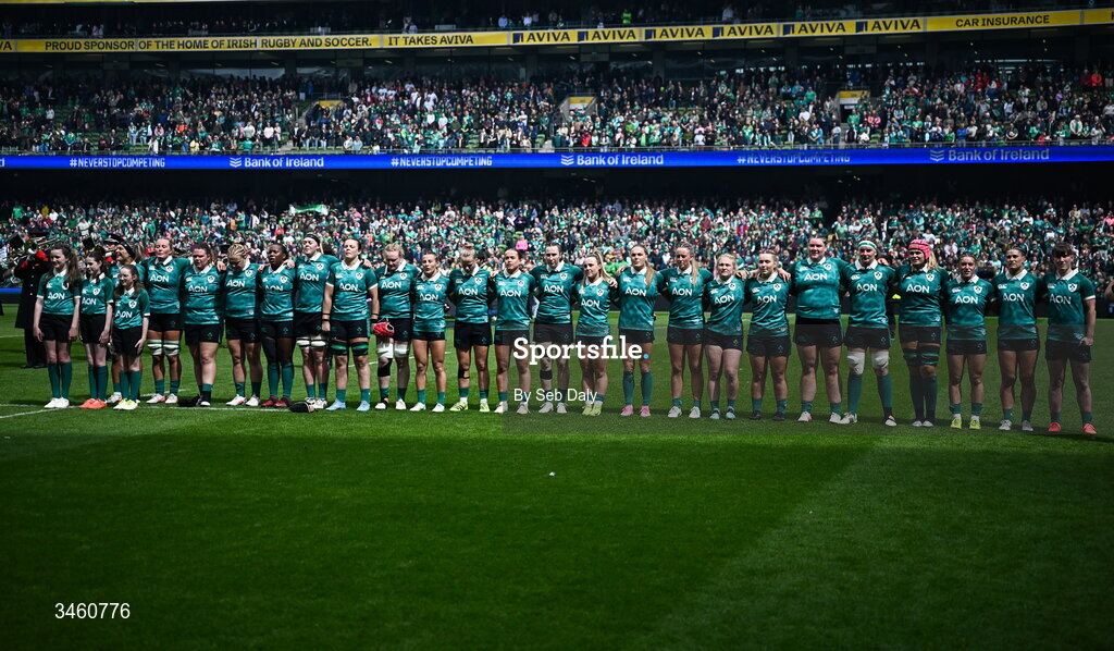 17 May 2026; Ireland players stand for the playing of the National Anthems before the Women's 6 Nations Rugby Championship match between Ireland and Scotland at the Aviva Stadium in Dublin. Photo by Seb Daly/Sportsfile