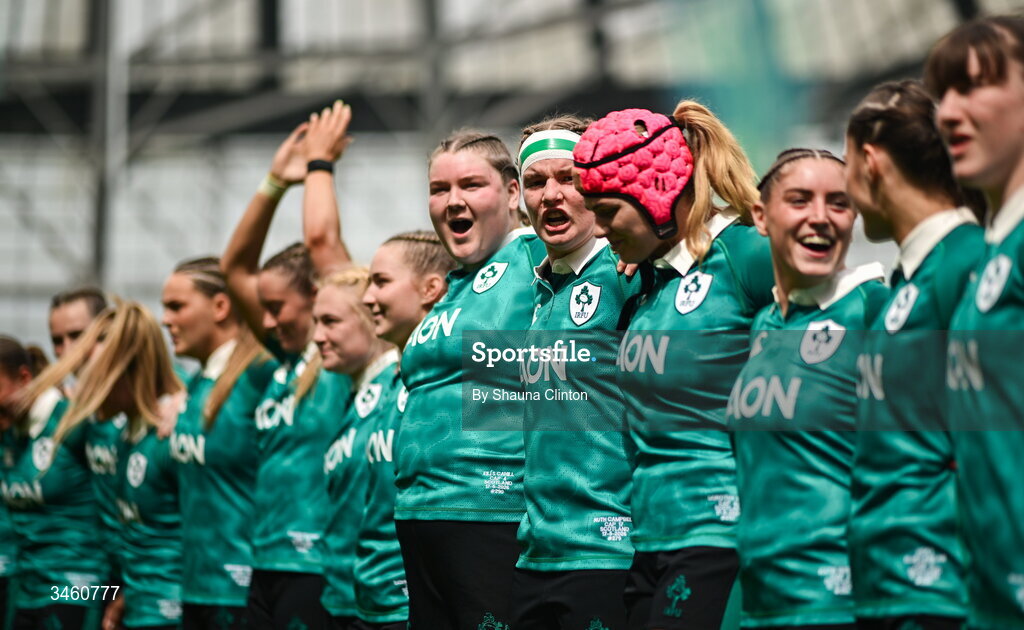 17 May 2026; Ireland players stand for the playing of the National Anthems before the Women's 6 Nations Rugby Championship match between Ireland and Scotland at the Aviva Stadium in Dublin. Photo by Shauna Clinton/Sportsfile
