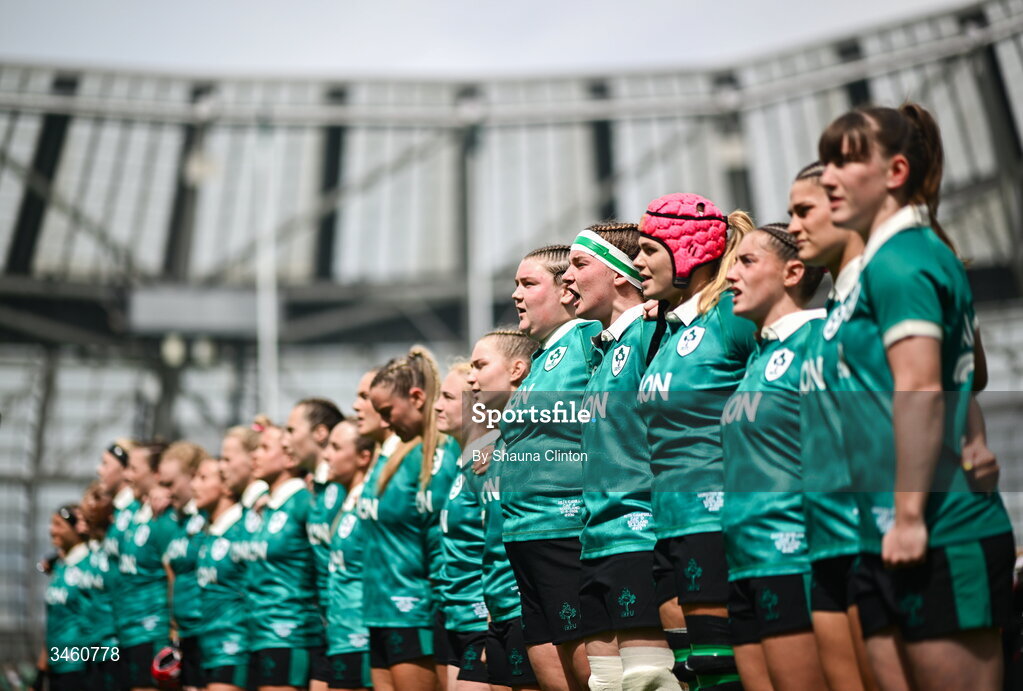 17 May 2026; Ireland players stand for the playing of the National Anthems before the Women's 6 Nations Rugby Championship match between Ireland and Scotland at the Aviva Stadium in Dublin. Photo by Shauna Clinton/Sportsfile